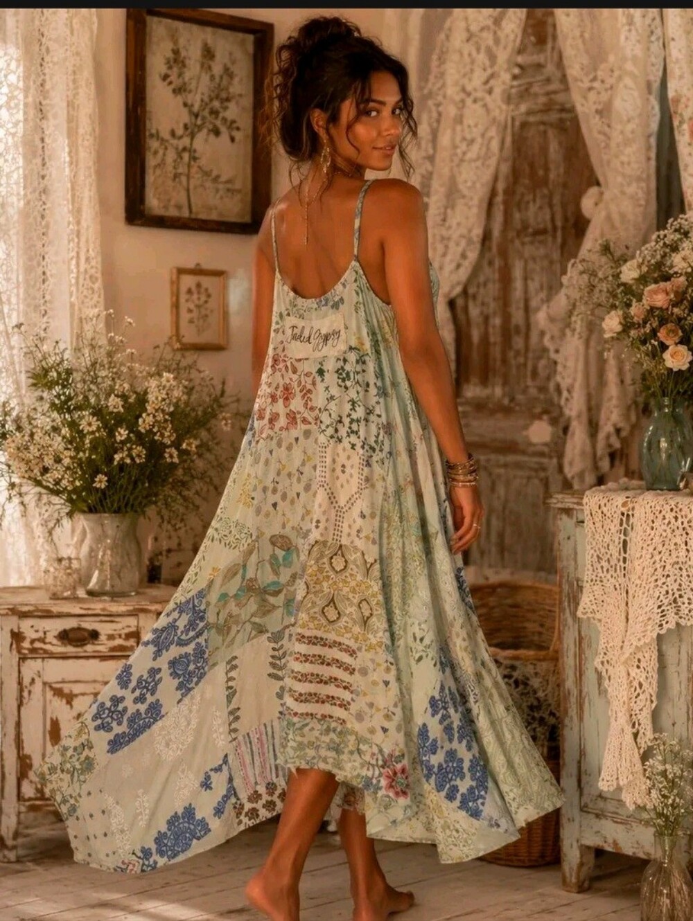 Jaded GypsyBoho Patchwork Light Blue Midi Dress with Spaghetti Straps